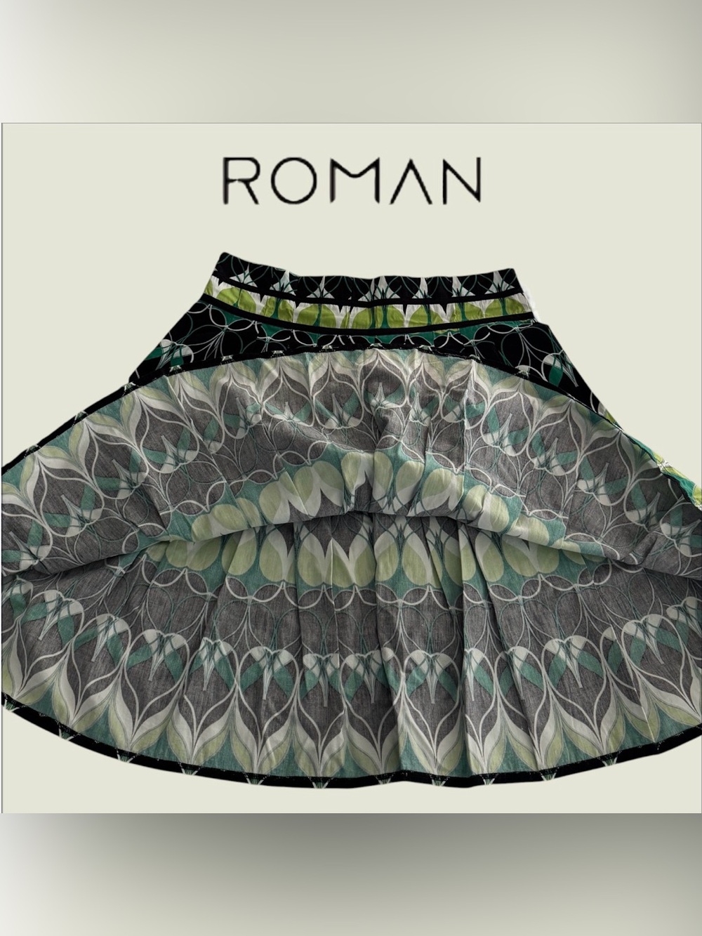 ROMAN Women’s Green & Black Botanical Art Deco Print Flared Pleated Skirt - Picture 5 of 6